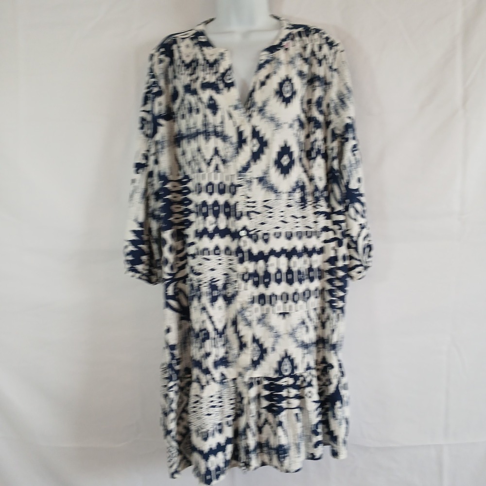 falls creek dress White Blue  Patterns 3/4 Sleeves V Neck  Tier Sz 2X  Tribal...